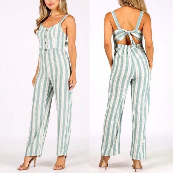 Womens Linen Blend Jumpsuit M Kelly Green Striped Wide Leg Sleeveless Tie Back - Picture 1 of 11